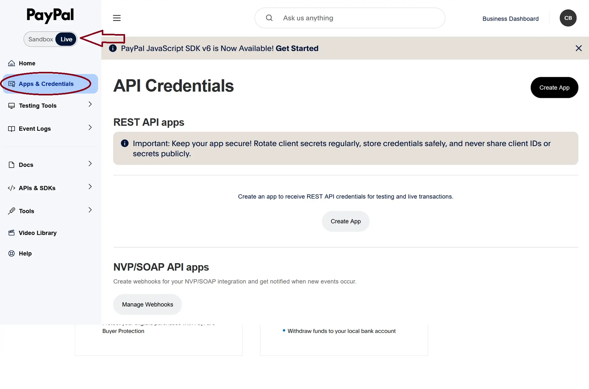 Panel de desarrolladores de PayPal - modo Live