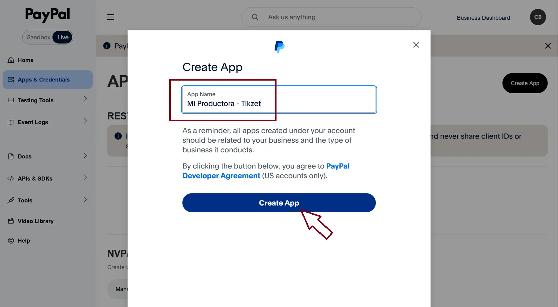 Nombre de la aplicación en PayPal