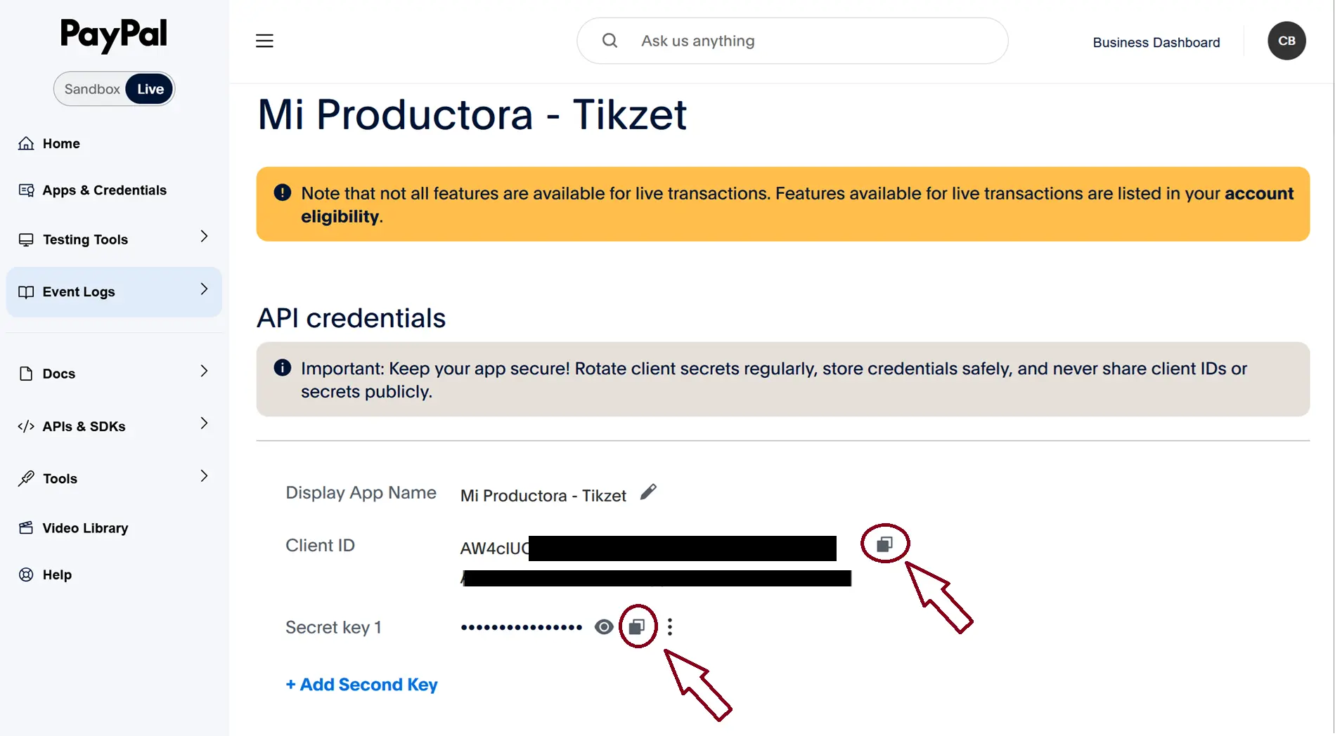Client ID y Client Secret de PayPal