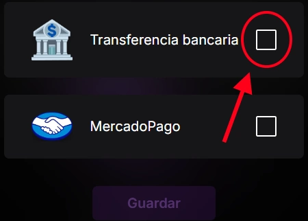 Seleccionar transferencia como medio de pago
