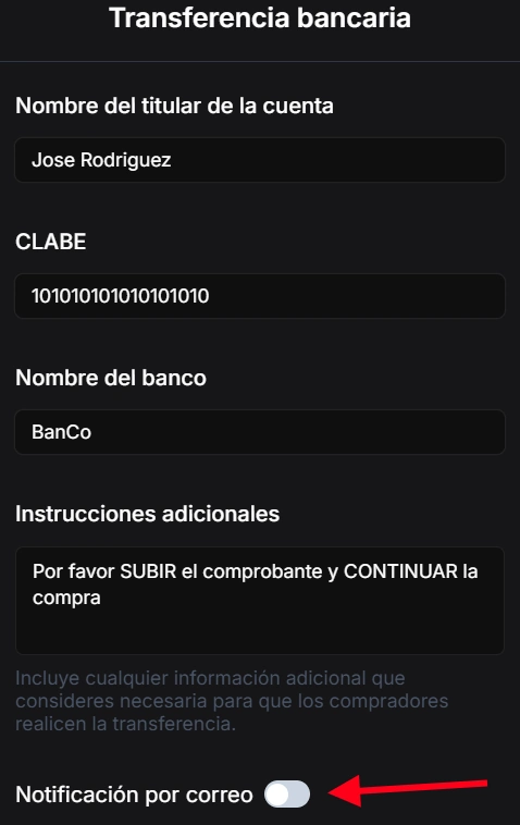 Formulario con datos de cuenta
